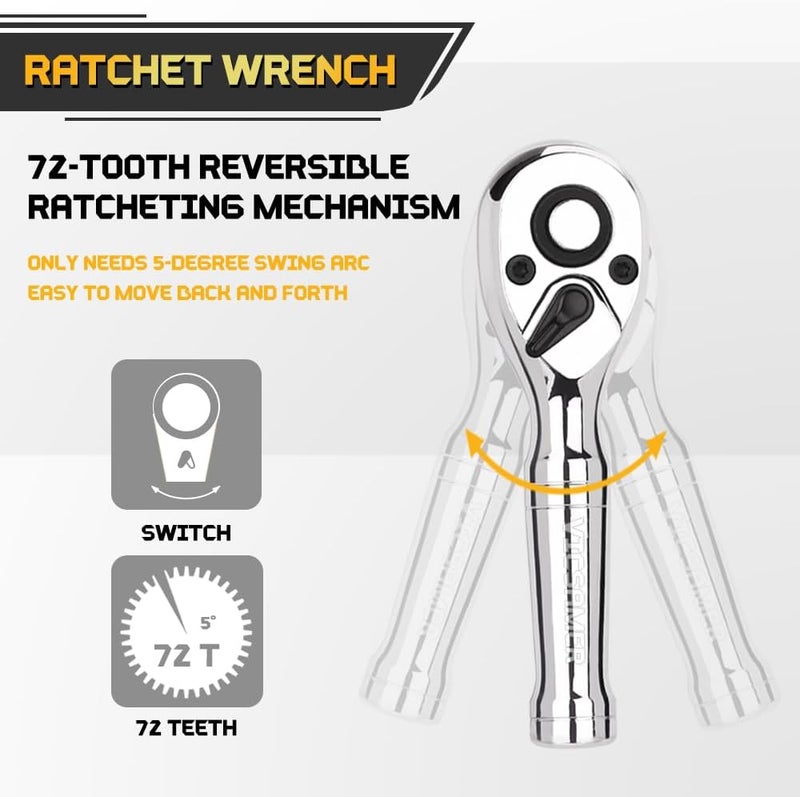 Tiosamd Stubby Ratchet Set- 3/8" Drive Ratchet Handle with a Extension Bars, Gift for Men 72-T Reversible Quick Release Head Premium Mini Ratchet Wrench for Narrow Spaces - Image 5